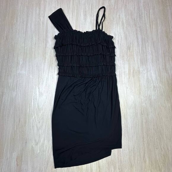 Anthropologie Leifnotes Black One Shoulder Ruffle Divergent Mock Wrap Dress S - Picture 13 of 14